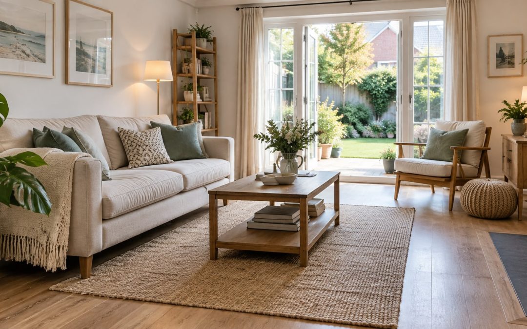 A bright, uncluttered living room with natural light and an open view to a garden.