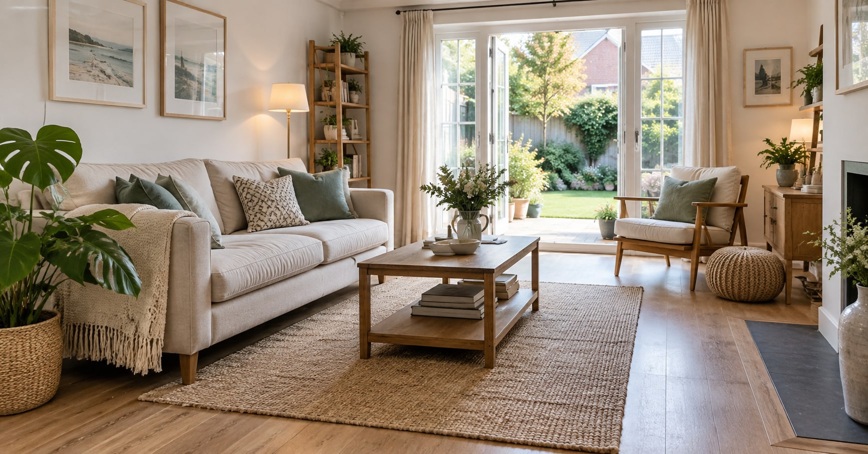A bright, uncluttered living room with natural light and an open view to a garden.