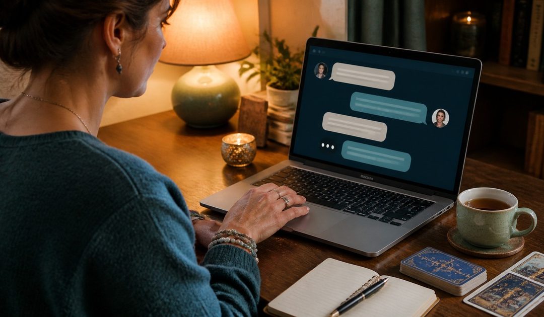 Woman using a private live psychic chat on a laptop at home