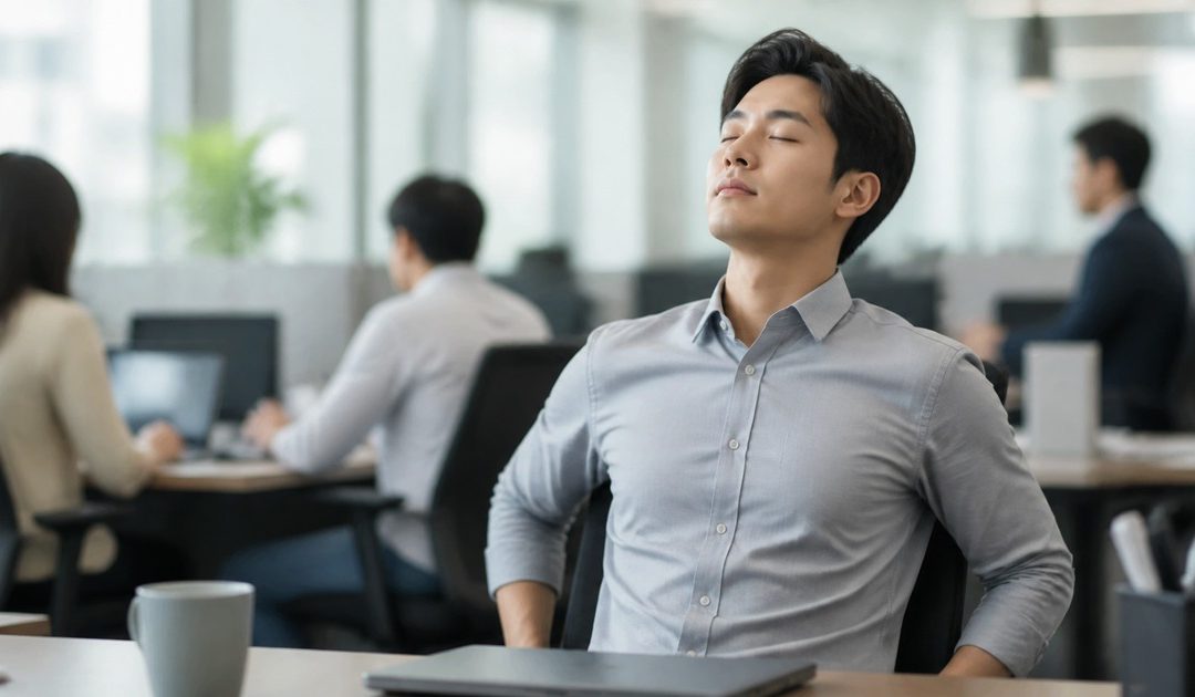 Office worker taking a brief breathing and posture reset between tasks
