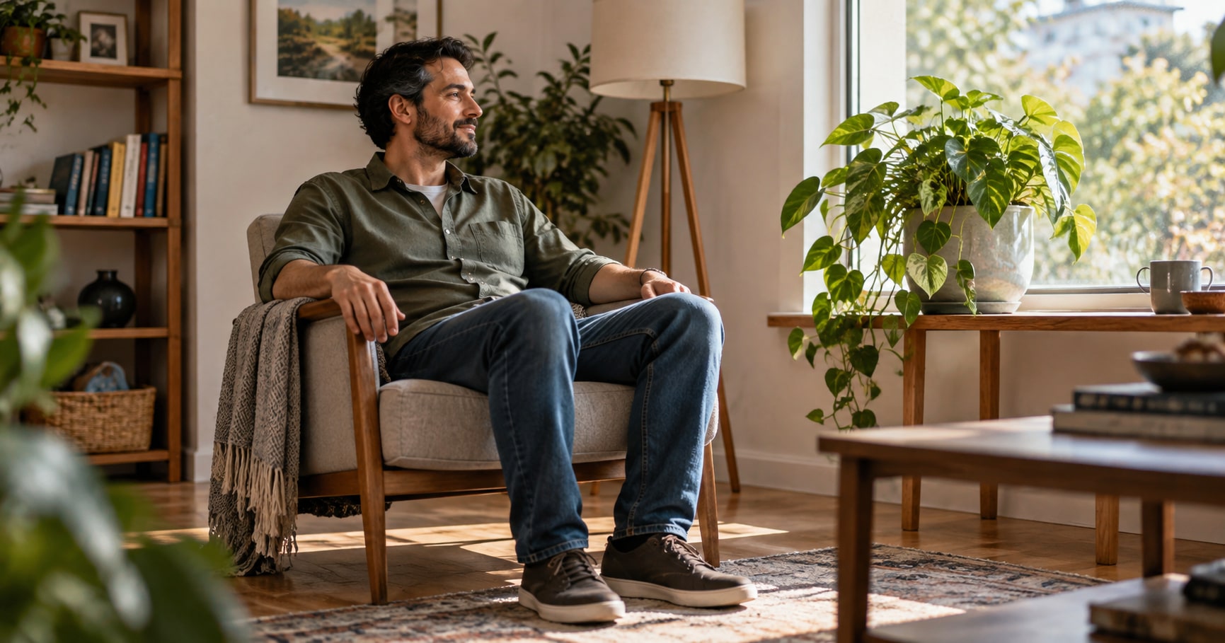 An adult taking a quiet seated pause with feet resting on the floor in a comfortable room.