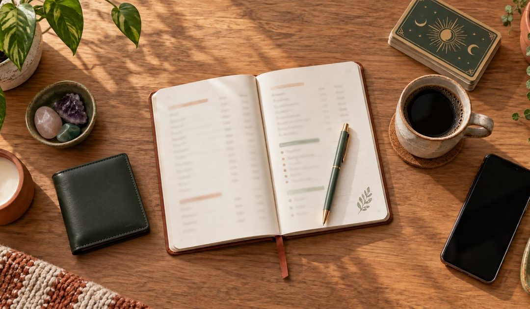 Budget notebook, closed wallet and phone arranged for planning a reading's spending limit.