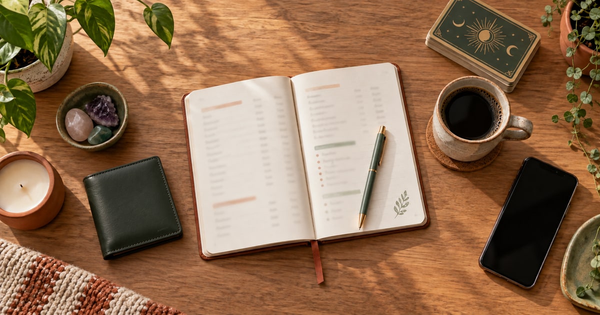 Budget notebook, closed wallet and phone arranged for planning a reading's spending limit.