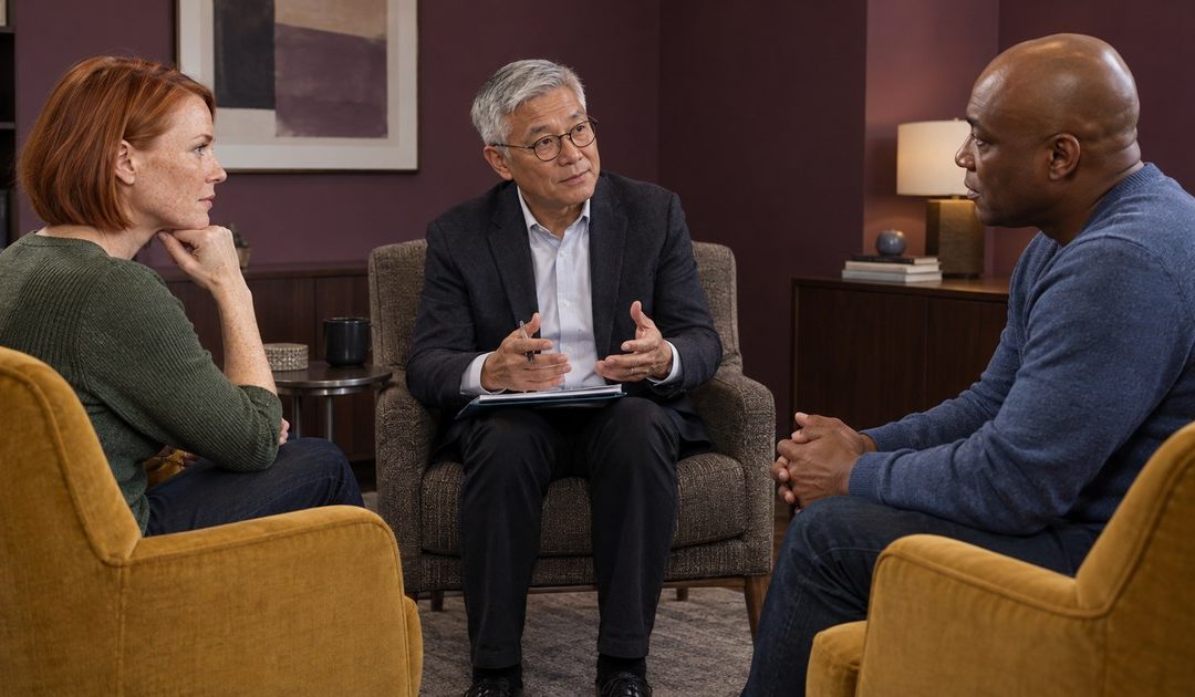 Couple listening to a counselor in an office
