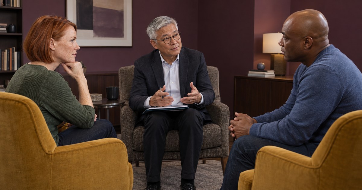 Couple listening to a counselor in an office