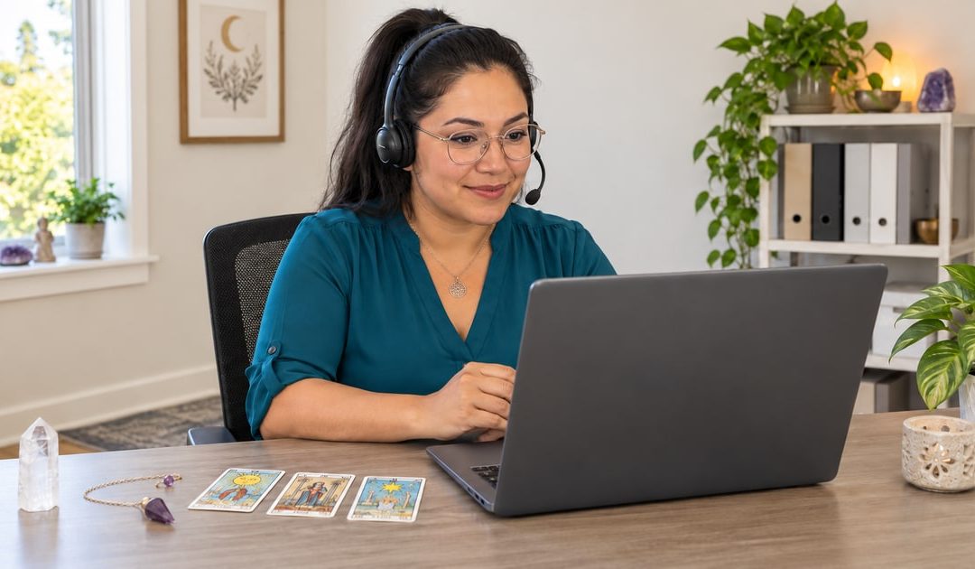 A woman with glasses and a headset using a graphite laptop beside tarot cards, quartz and a pendulum in a warm ivory home office.