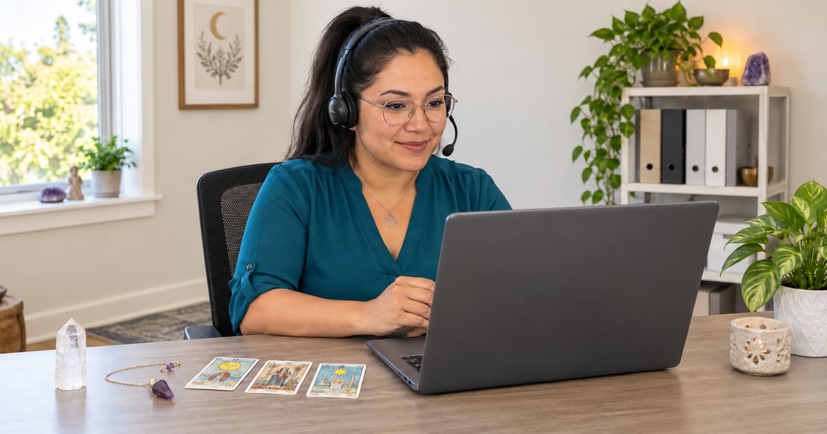 A woman with glasses and a headset using a graphite laptop beside tarot cards, quartz and a pendulum in a warm ivory home office.