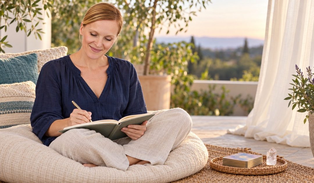 A woman journaling on a floor cushion on a garden balcony, with an oracle deck and quartz beside her.