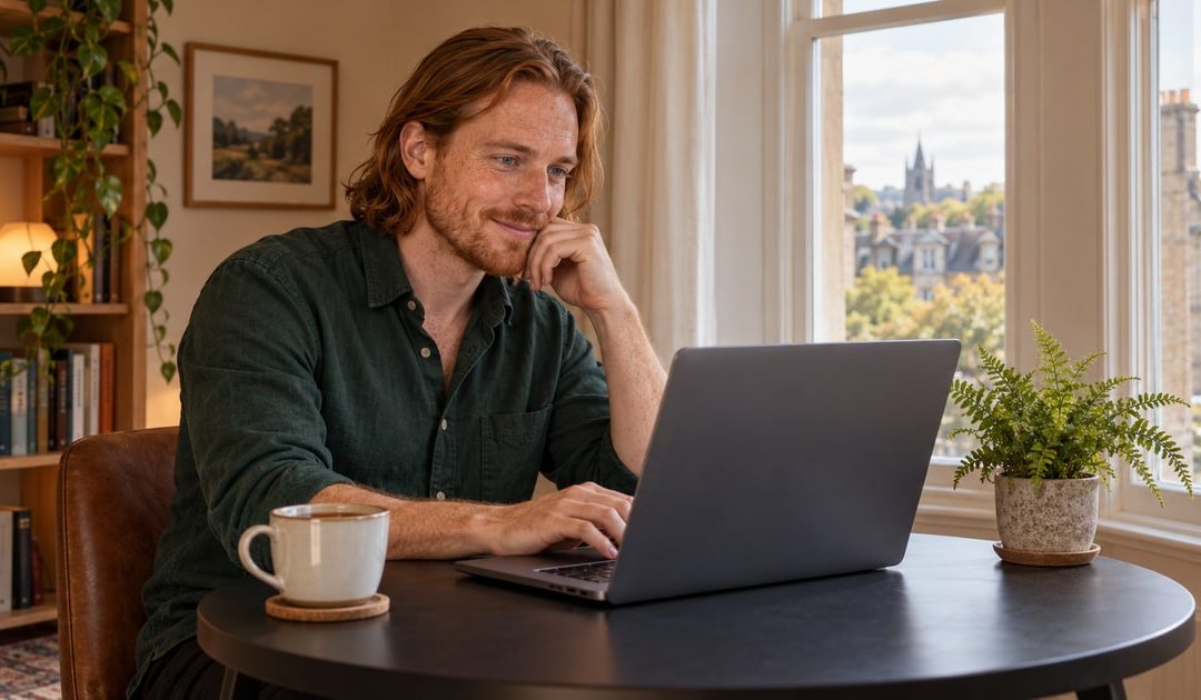 Man comparing psychic reader profiles on a laptop in a bright apartment study.