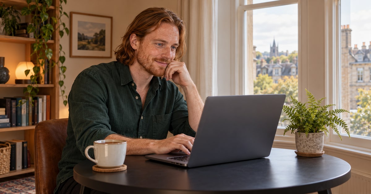 Man comparing psychic reader profiles on a laptop in a bright apartment study.